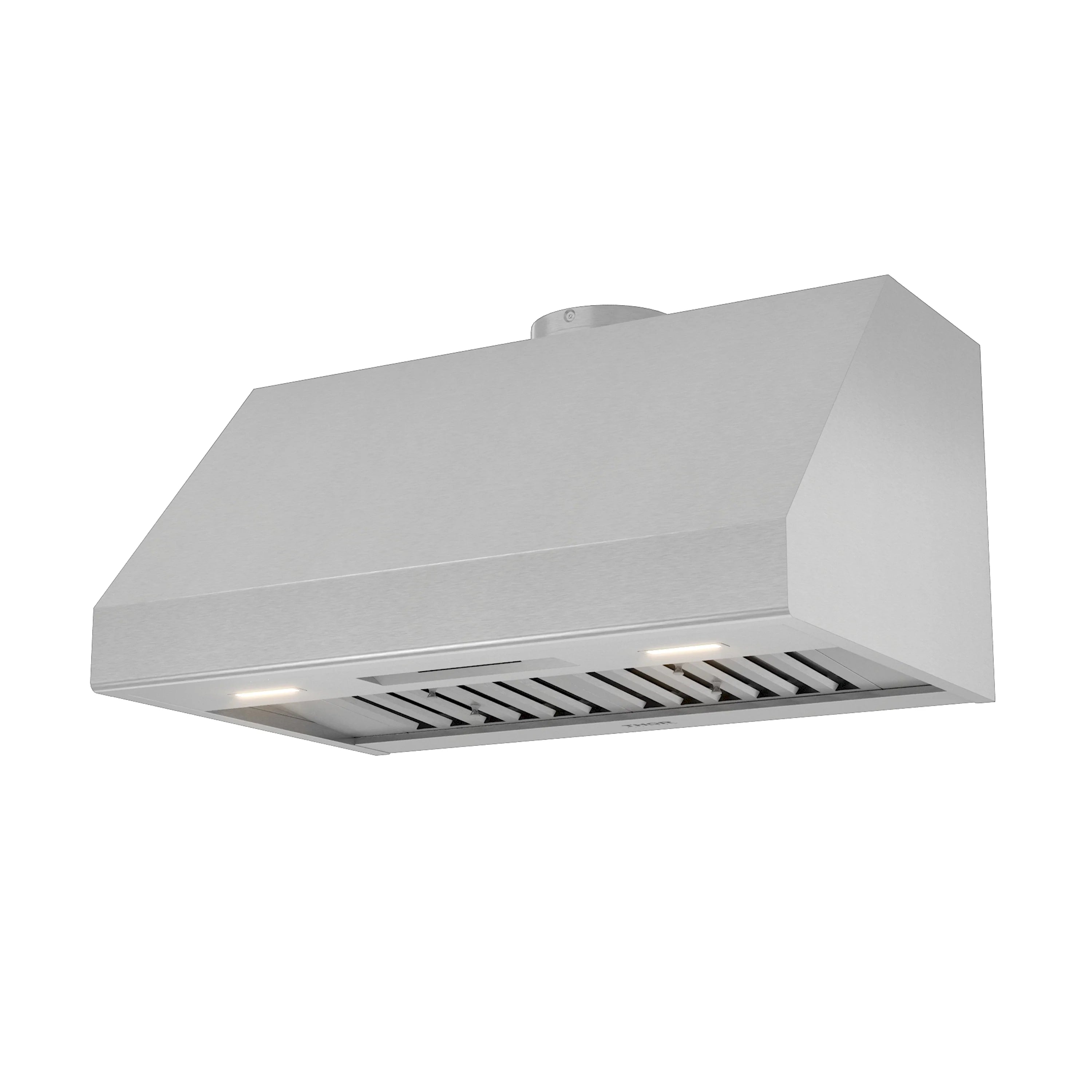 Stainless steel under-cabinet range hood with vented grille and front lights