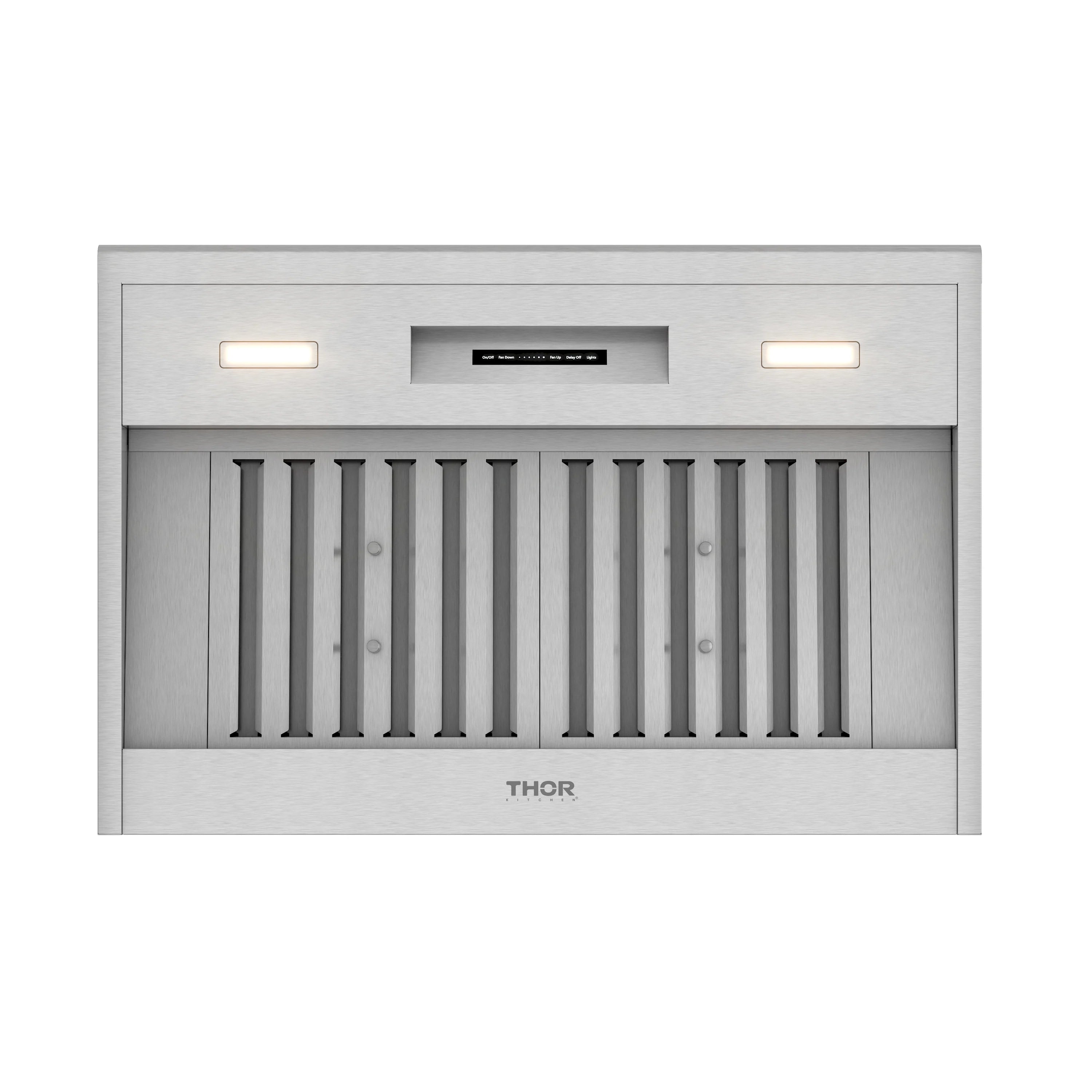 Stainless steel range hood front panel with vent louvers and THOR logo