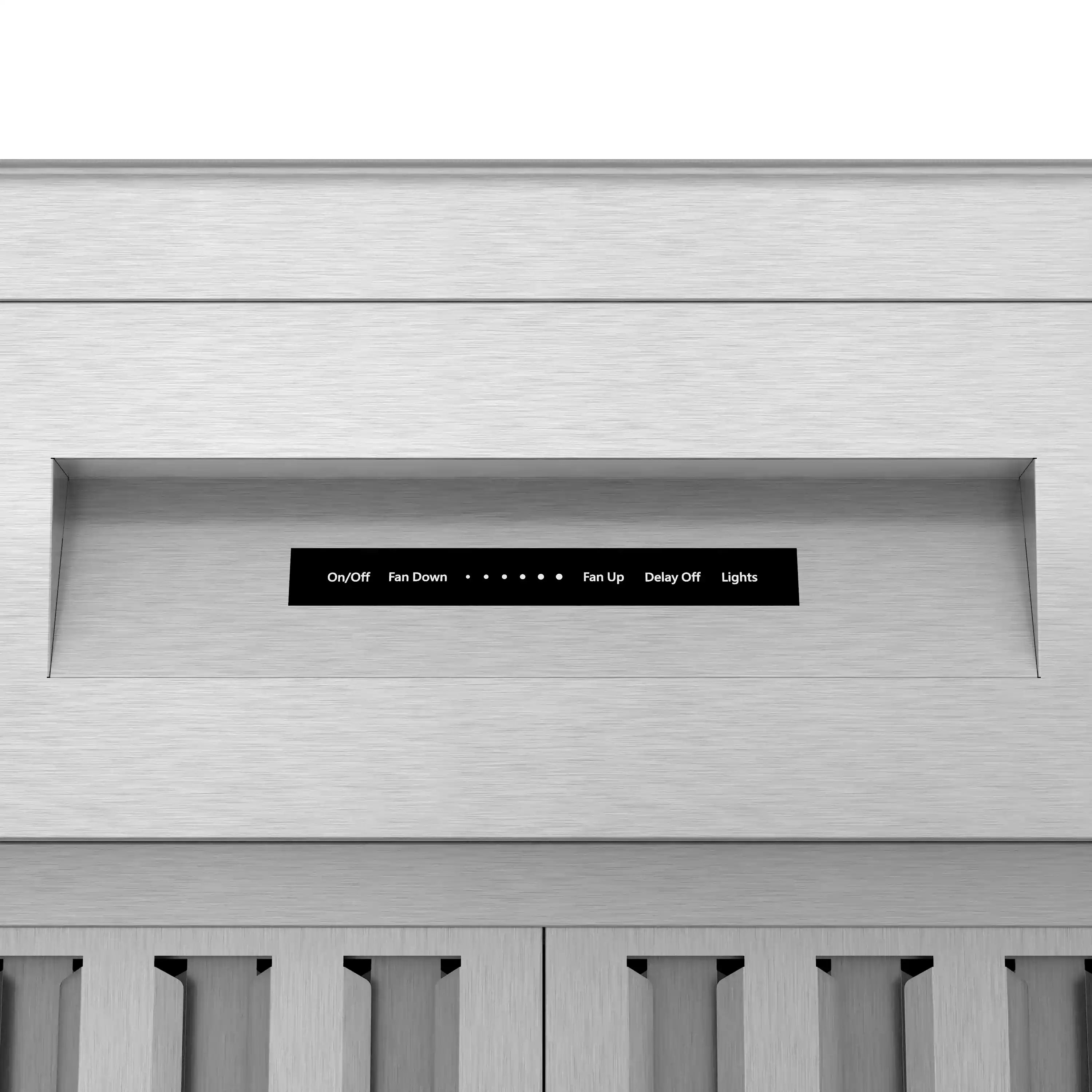Stainless steel range hood control area with black buttons and switch labels