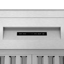 Stainless steel range hood control panel with ON/OFF, fan speed, timer, and lights