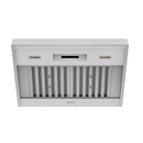 Stainless steel convertible under-cabinet range hood front with vent slats and control window