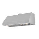 Stainless steel range hood underside with illuminated filter slots and vent baffle