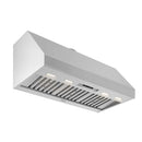 Stainless steel range hood underside with lights and filter tray grates