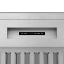 Stainless steel range hood control panel with lit icon buttons