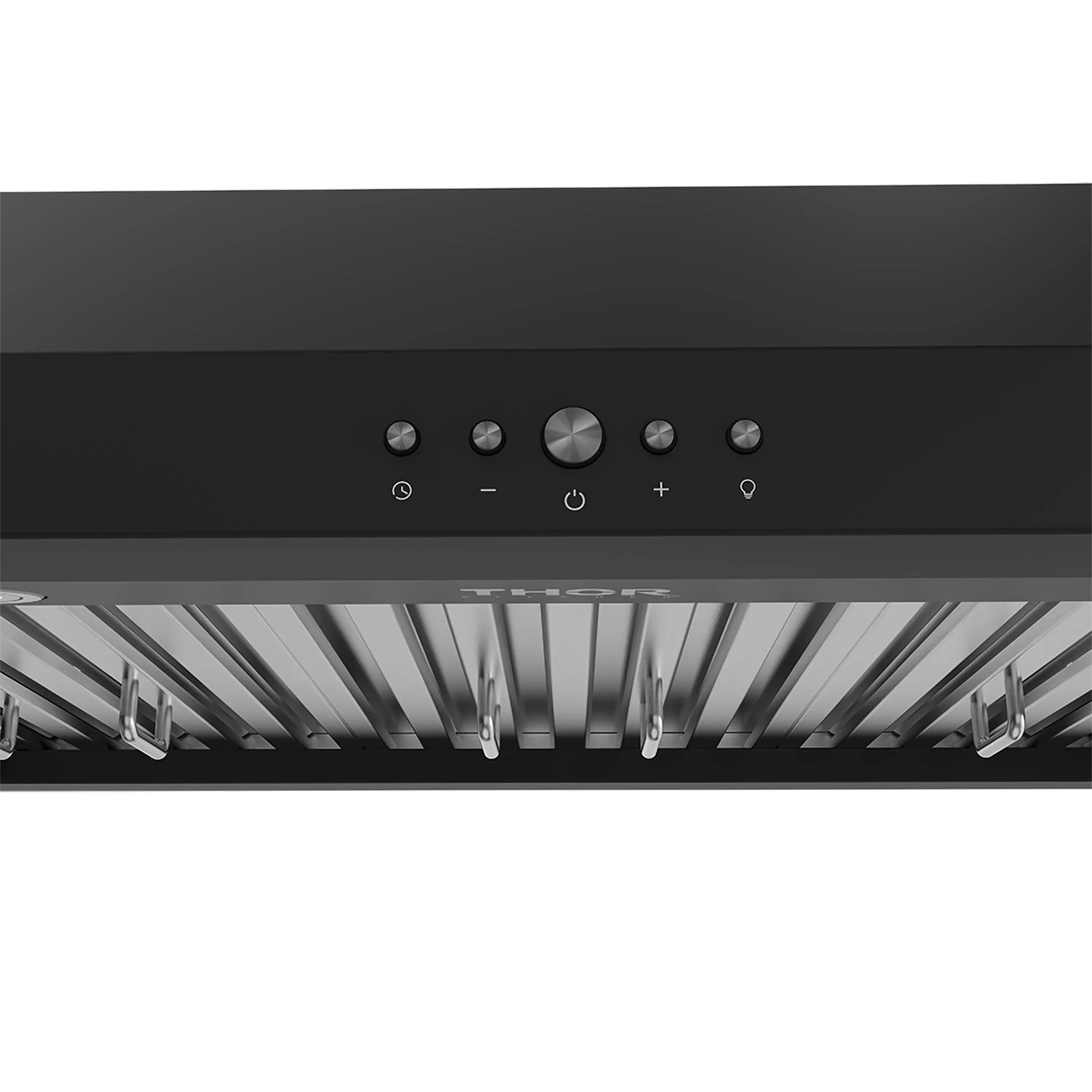 Black range hood control buttons with round dial above baffle filters
