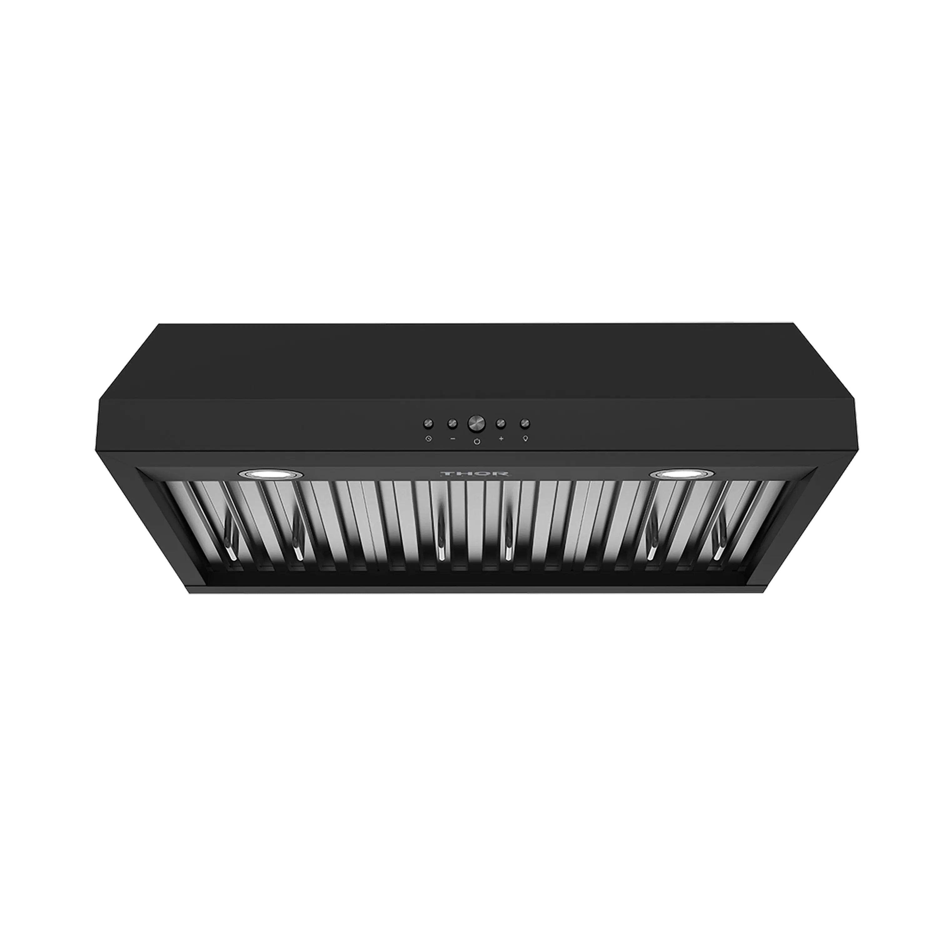 Black under-cabinet range hood with visible baffle filters and front control buttons