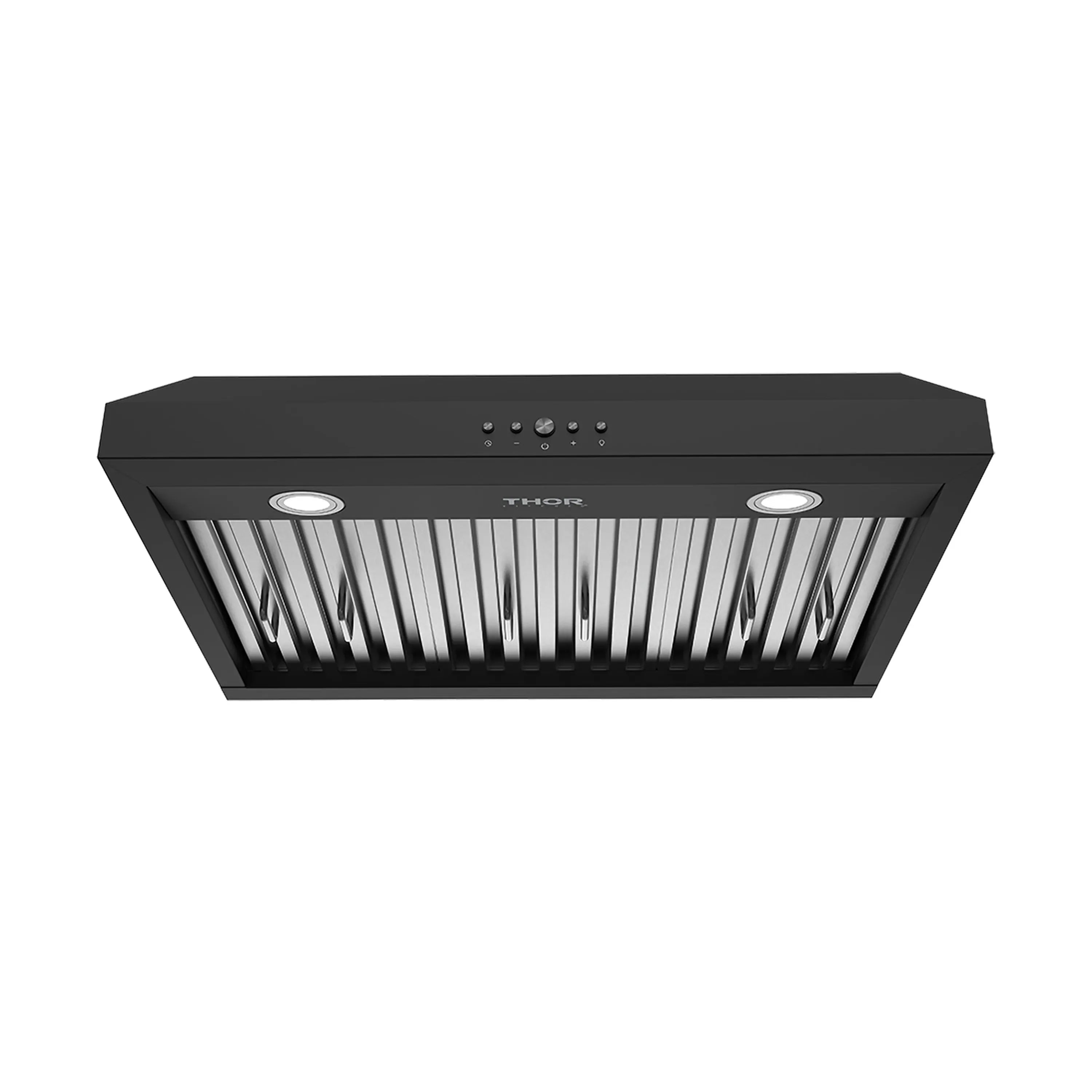 Black under-cabinet range hood angled view with front grille and two round lights