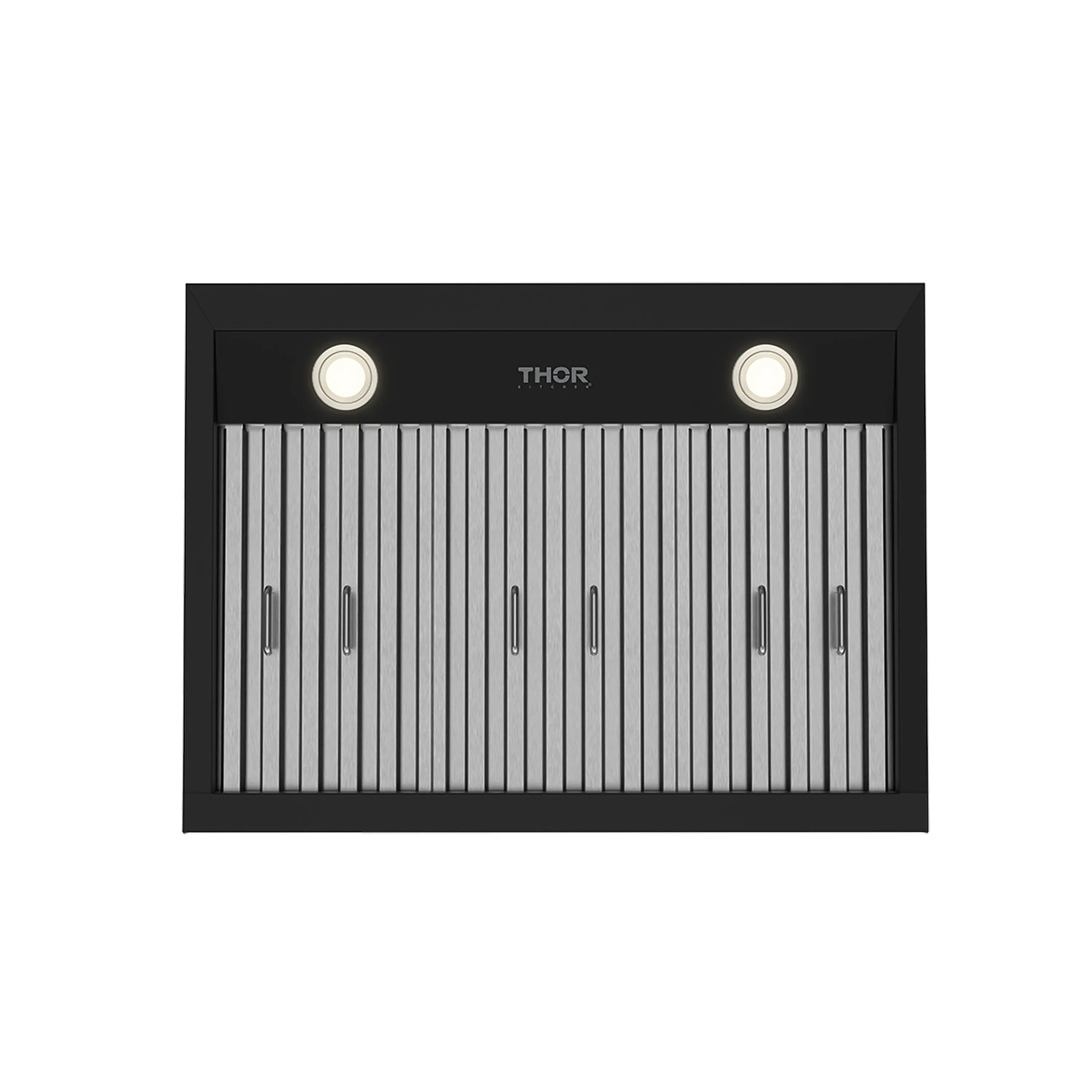 Black under-cabinet hood with two illuminated lights and stainless baffle filter panel