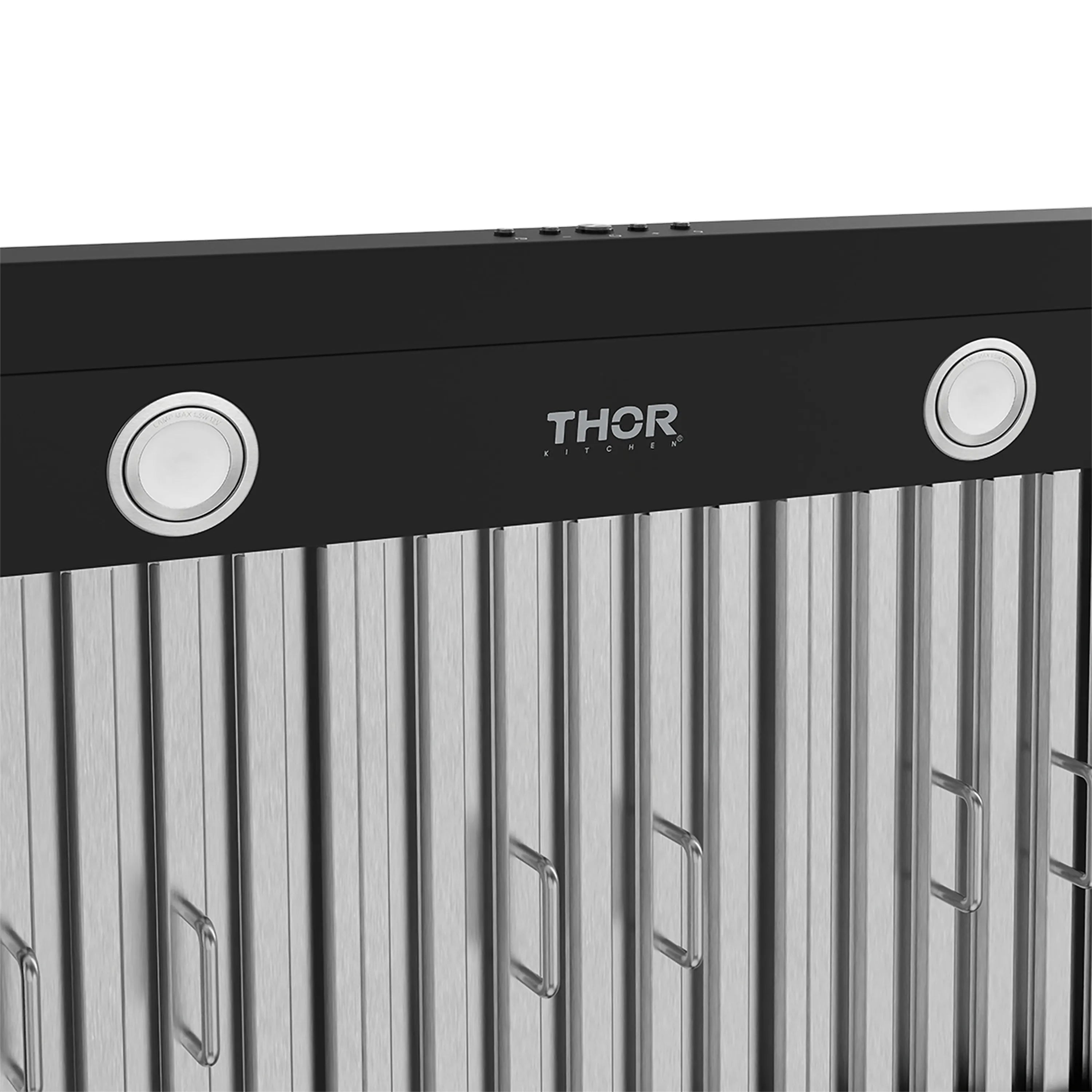 Black under-cabinet range hood with THOR logo and round light trim