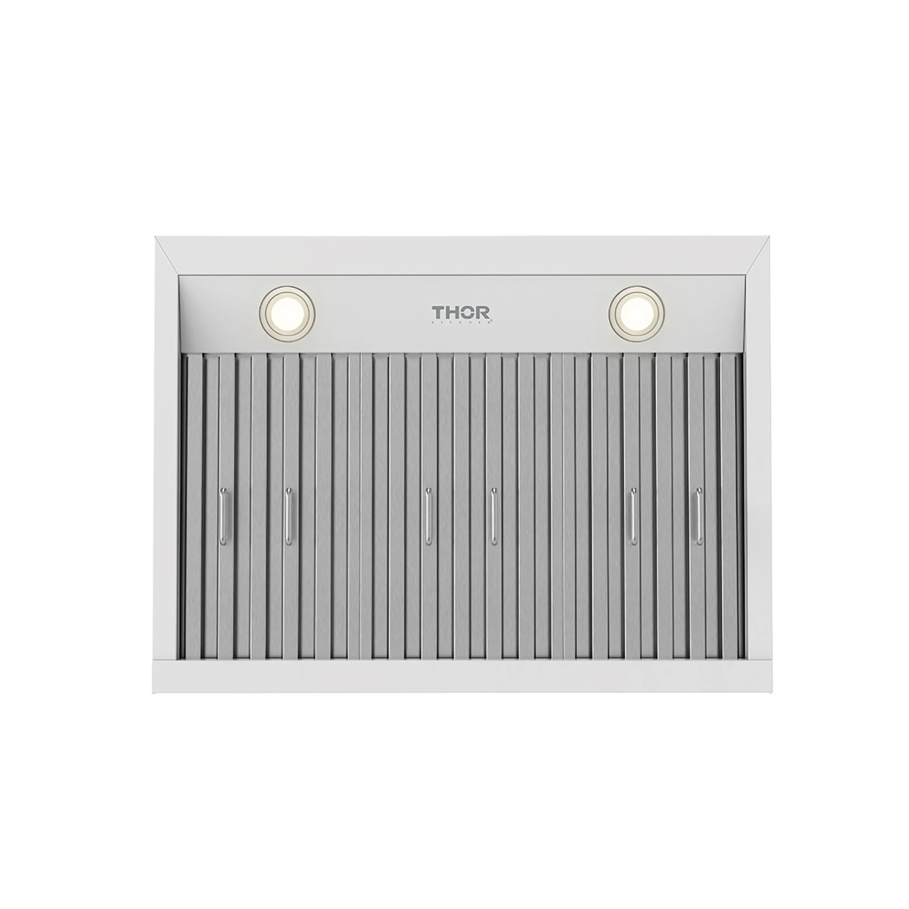 White under-cabinet range hood grille with THOR logo and two round fan lights.