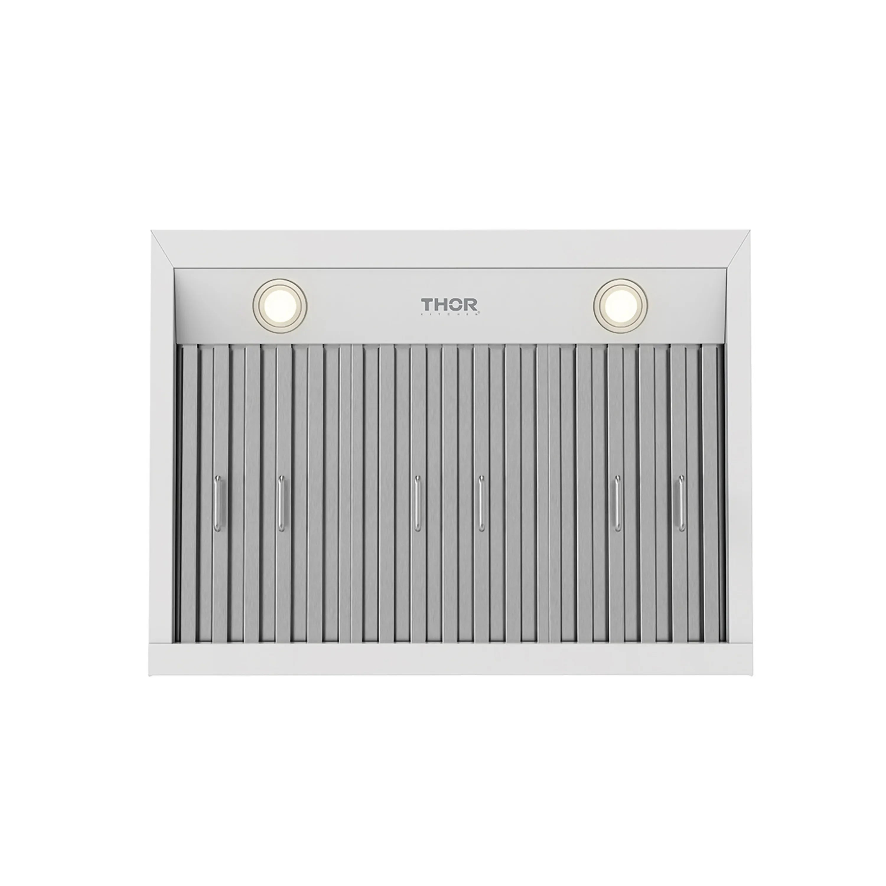 White under-cabinet hood front with THOR logo and vertical vent slats