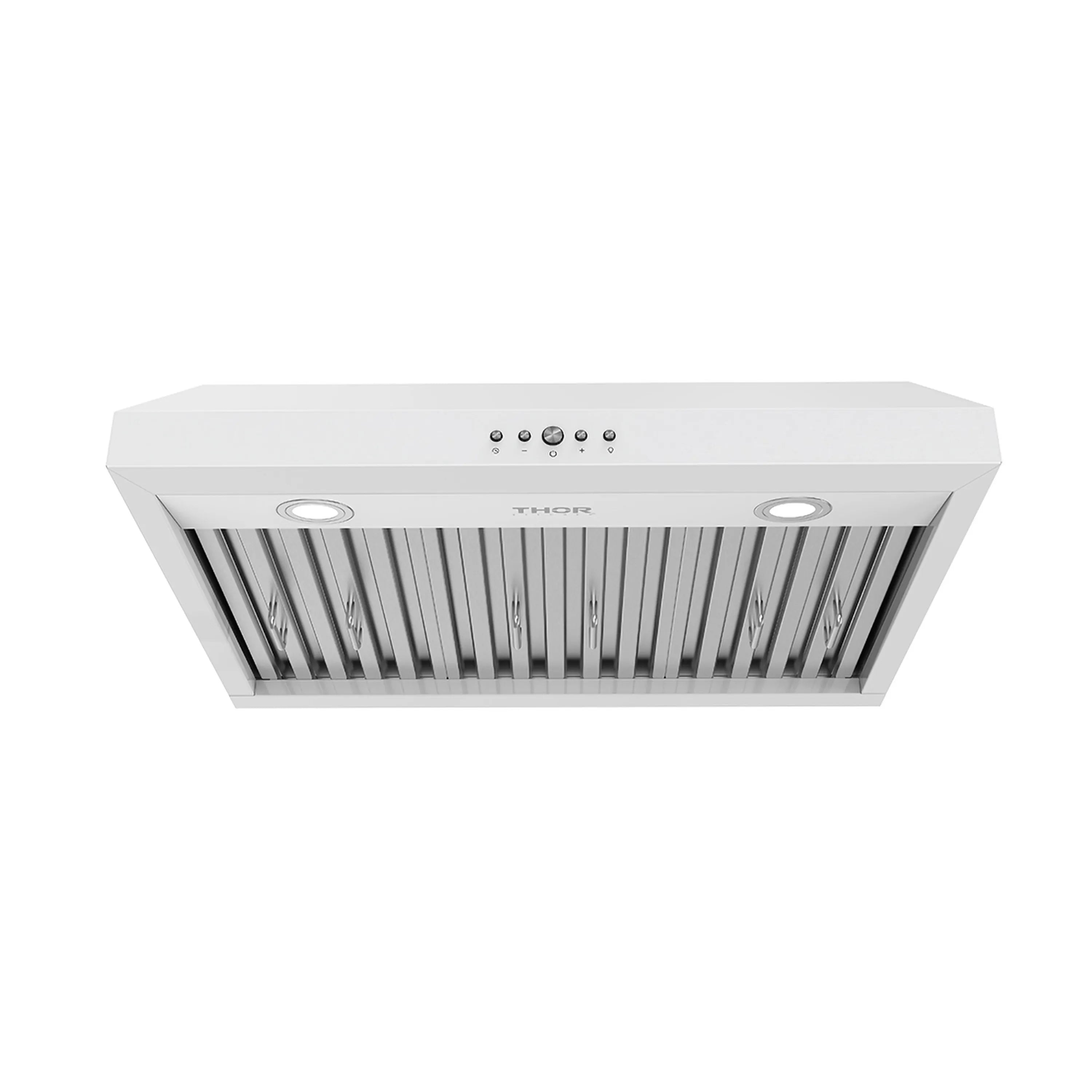 White under-cabinet range hood with THOR logo, two lights, and baffle filter grill.