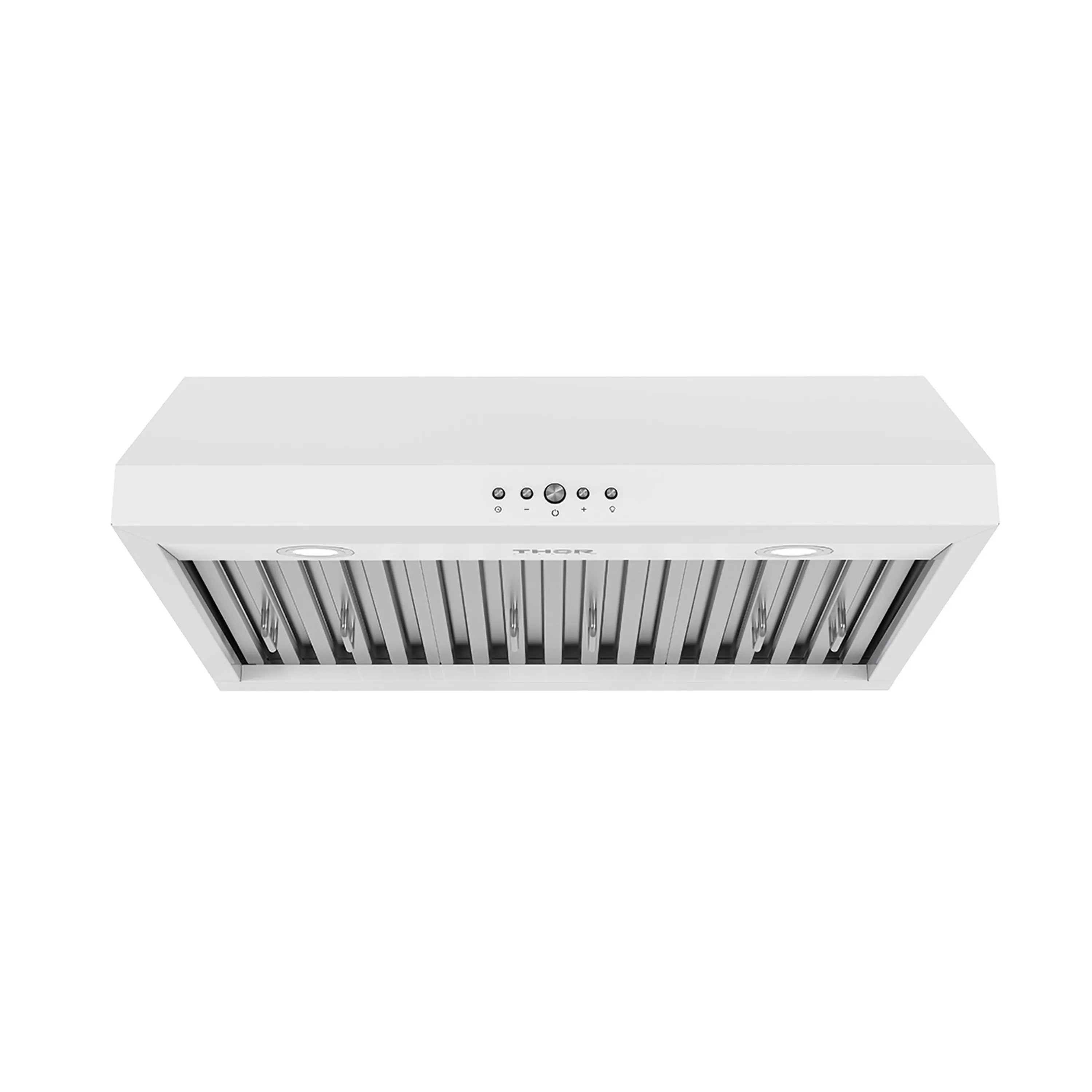 White under-cabinet range hood with baffle filter openings and front control panel.