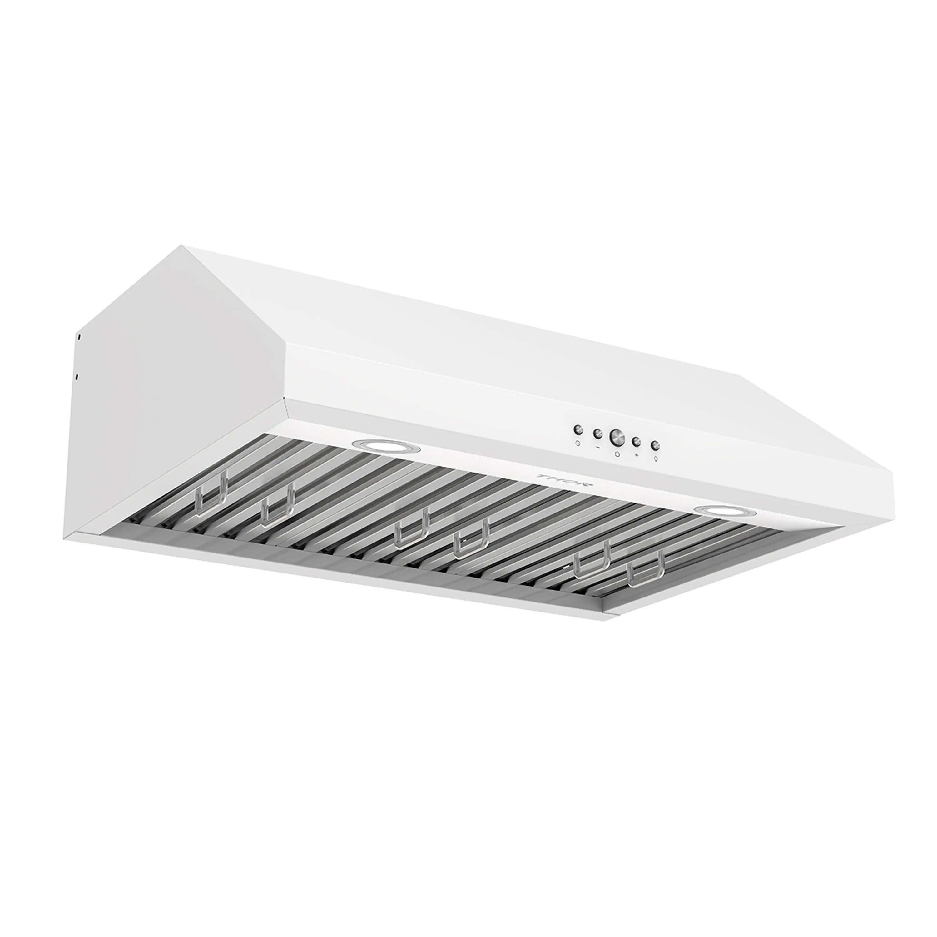 White under-cabinet range hood with control buttons and stainless baffle filters.