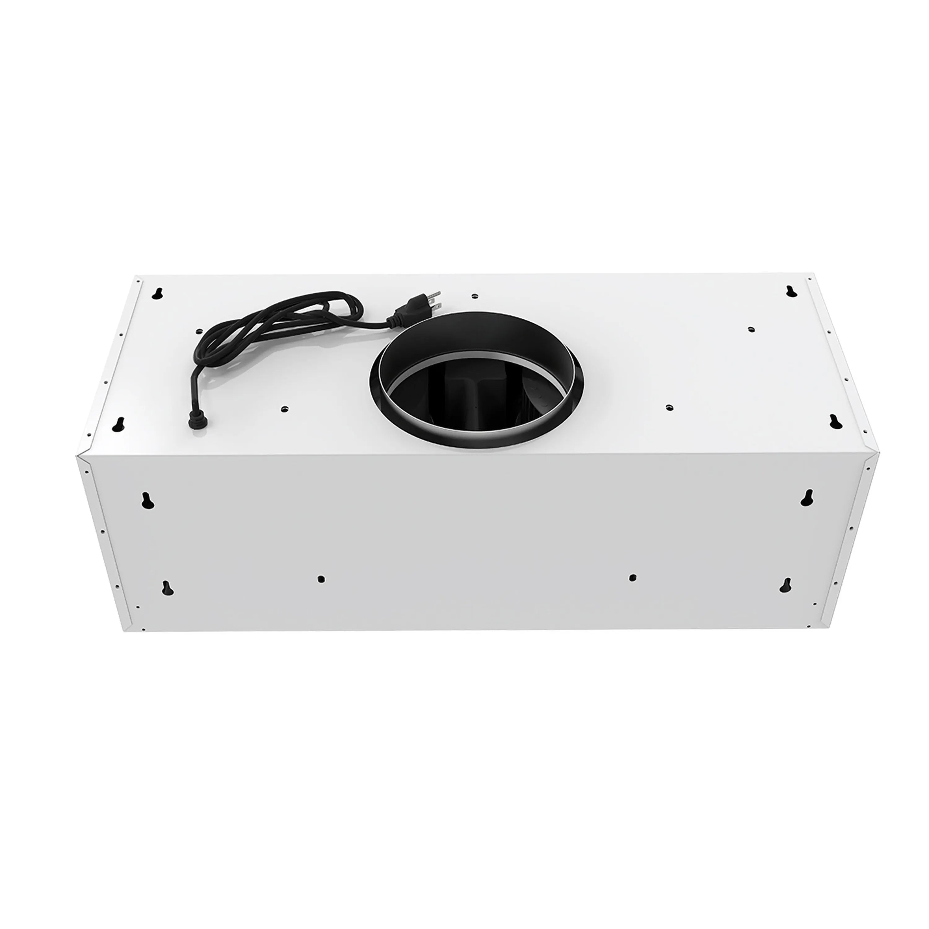 White under-cabinet range hood with round duct collar and mounting holes underneath.