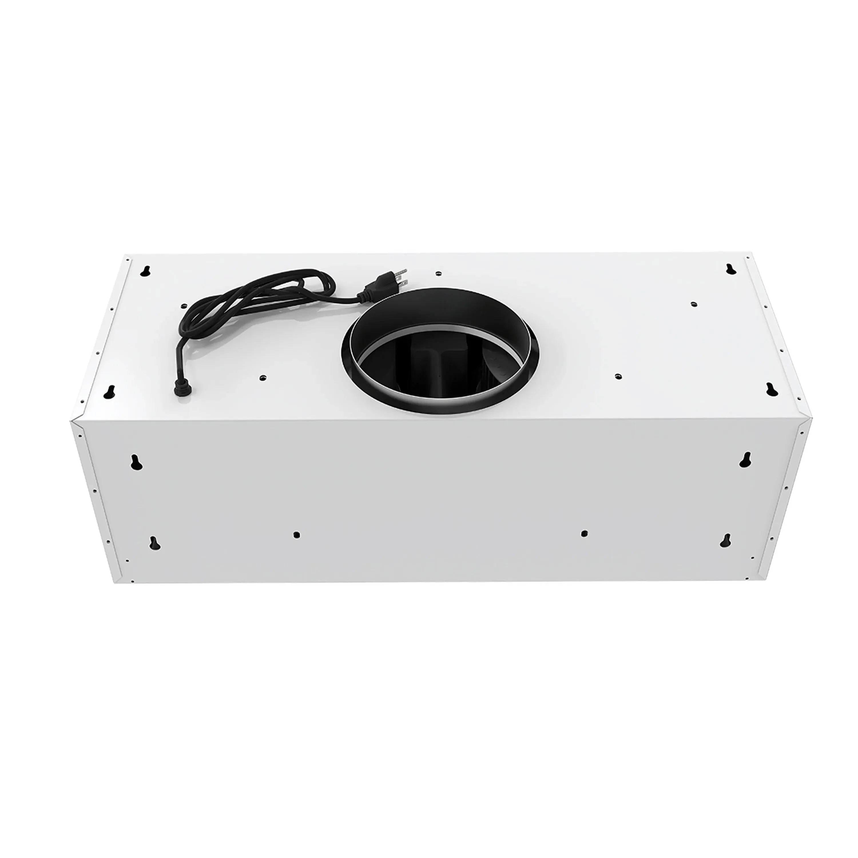 Range hood blower housing with round exhaust opening and power cord