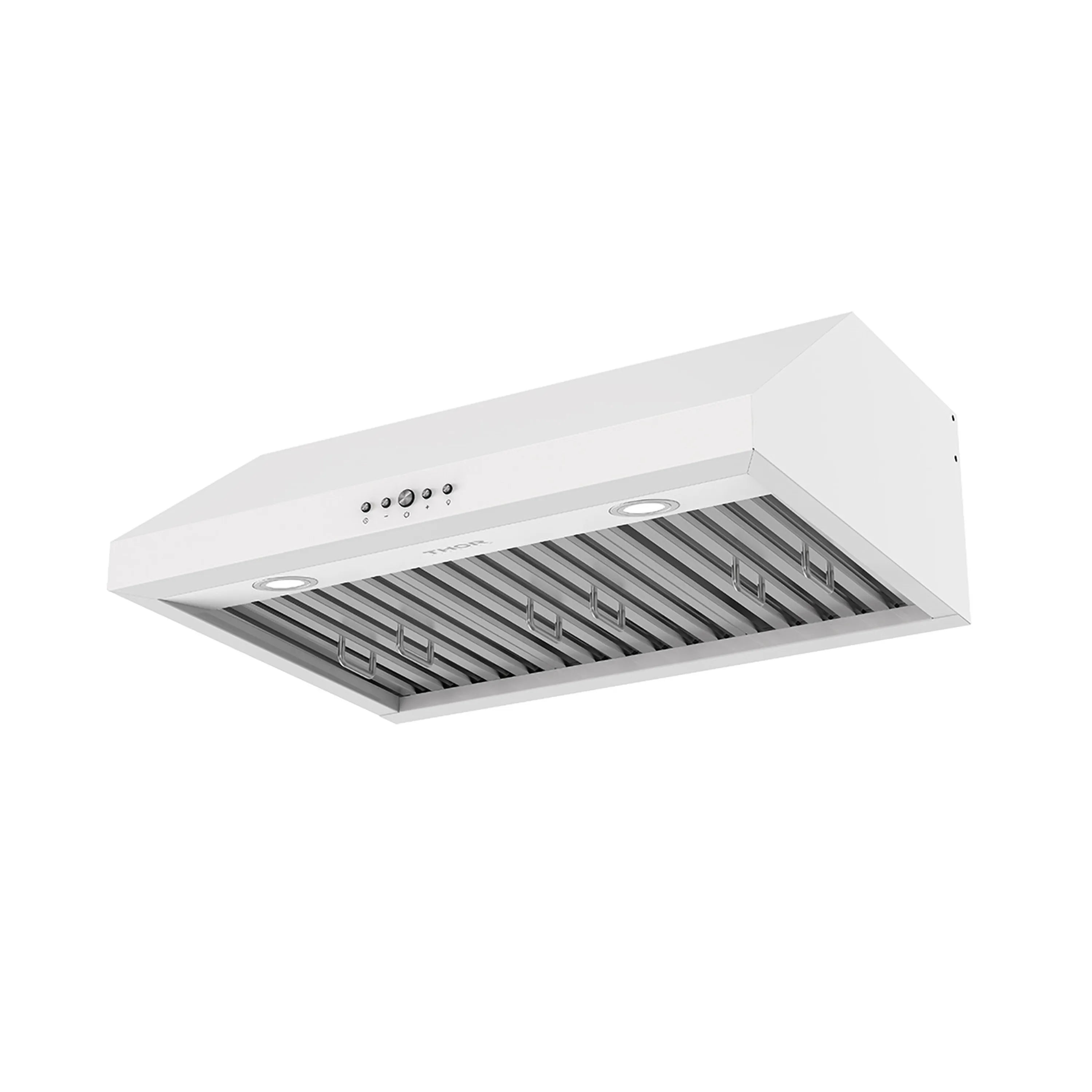 White under-cabinet range hood with two lights and stainless baffle filter housing.