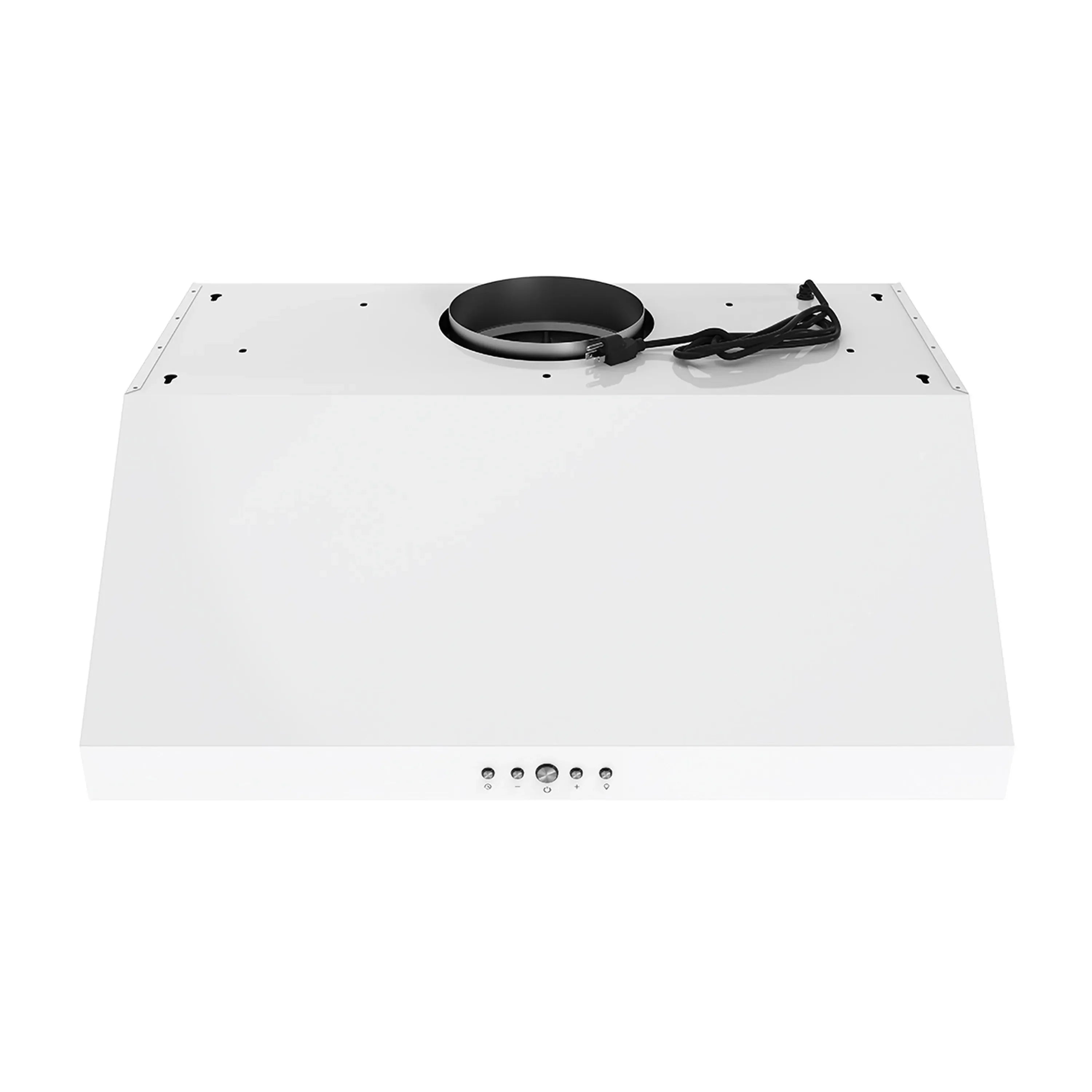 White under-cabinet hood underside with circular duct collar and control buttons
