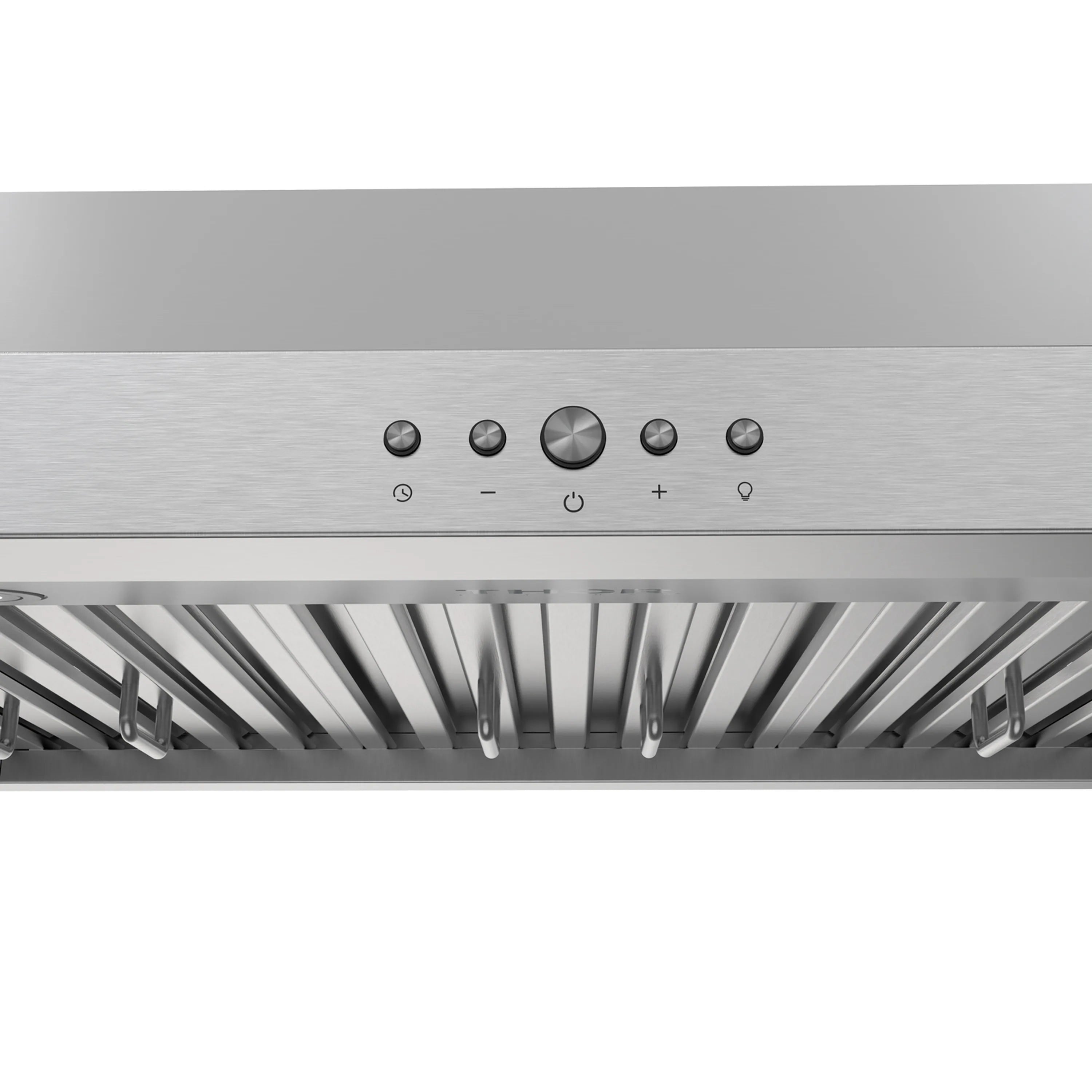 Stainless steel range hood control panel with circular buttons and power dial