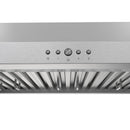 Stainless steel range hood control panel with circular buttons and power dial