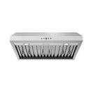 Stainless steel under-cabinet range hood with decorative baffle filter and two front lights