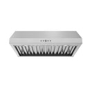 Stainless steel under-cabinet range hood with front vent baffle and control buttons