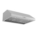Stainless steel under-cabinet range hood with vented baffle filter and control panel