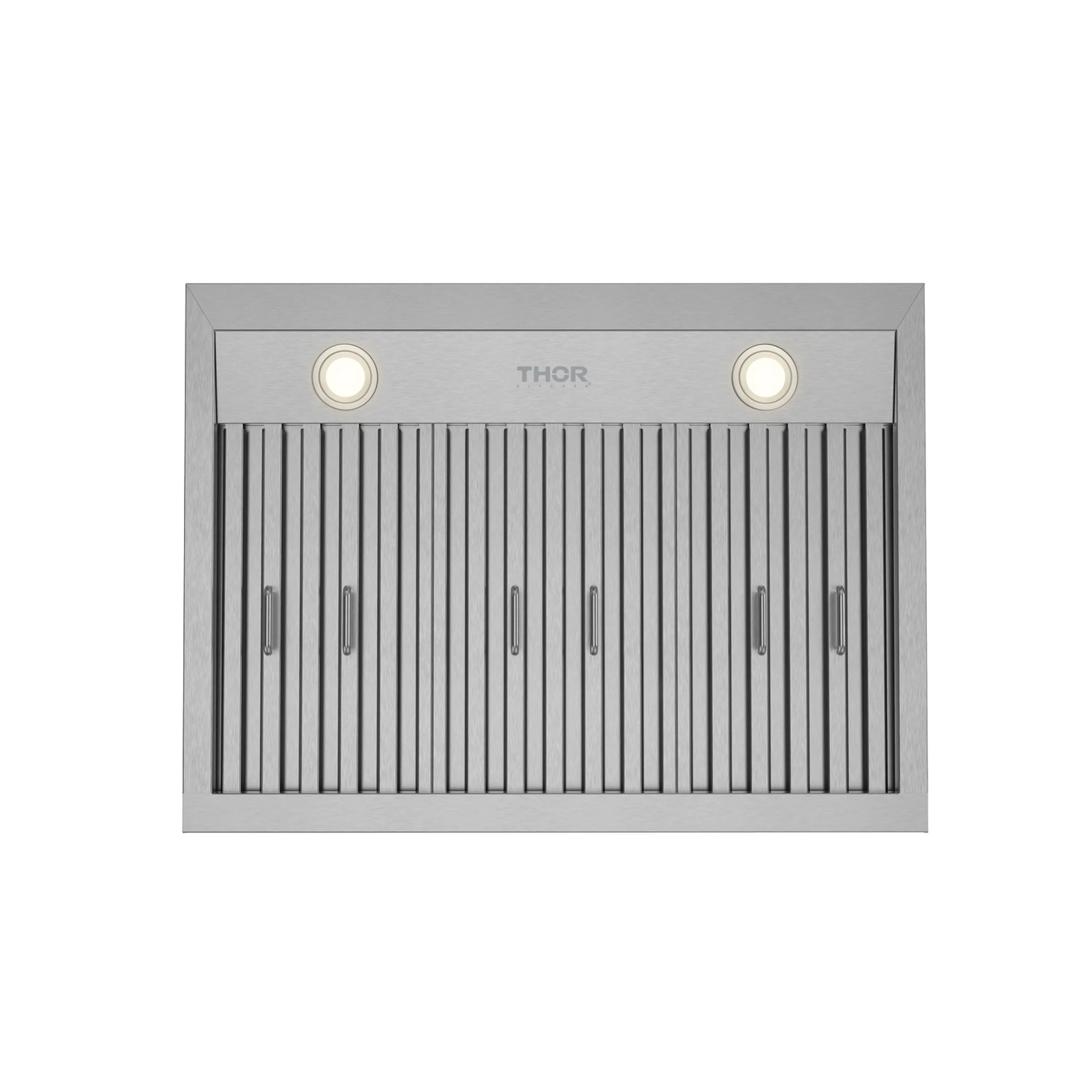 Stainless steel under-cabinet range hood with two inset lights and vertical baffle vents