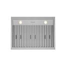 Stainless steel under-cabinet range hood with two inset lights and vertical baffle vents