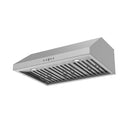 Stainless steel under-cabinet range hood underside with front lights and vent baffle