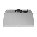 Stainless steel hood underside with round duct collar and attached electrical wiring