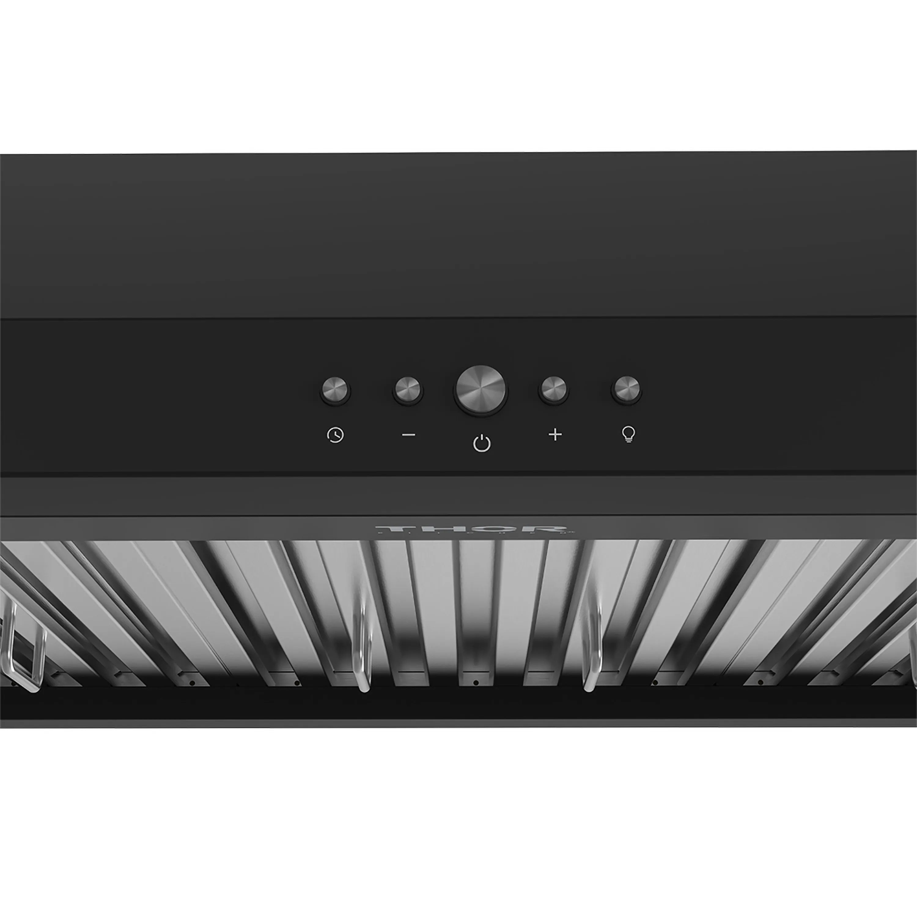Black range hood control panel with touch buttons and indicator icons