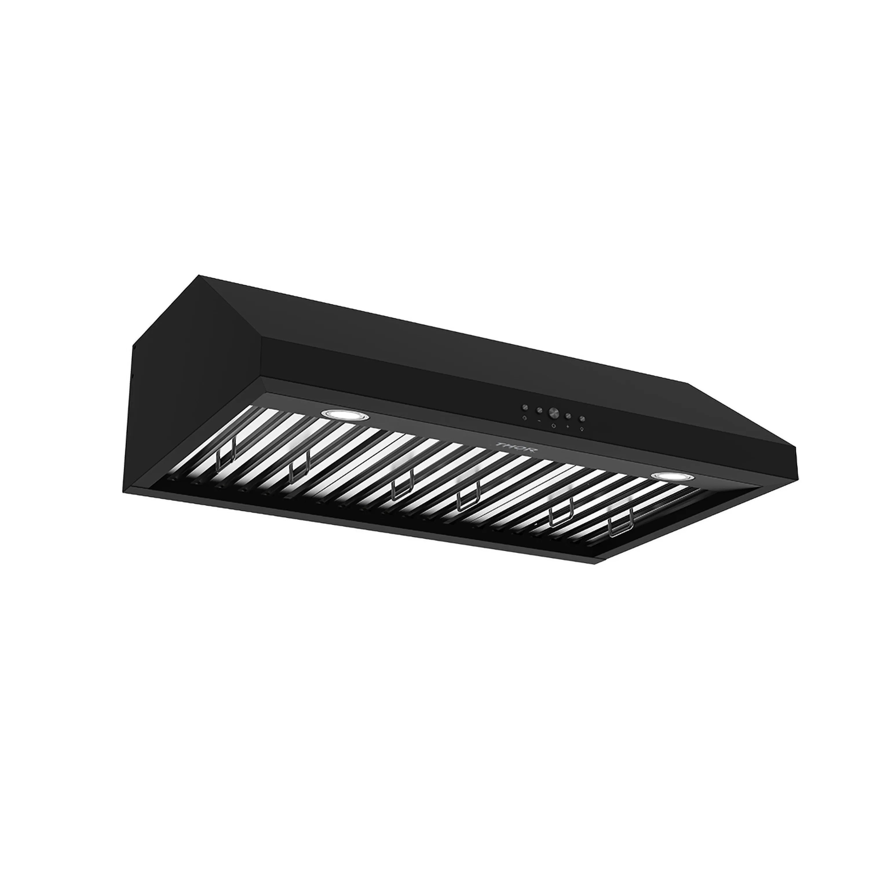 Black under-cabinet convertible range hood with exposed baffle filter grille