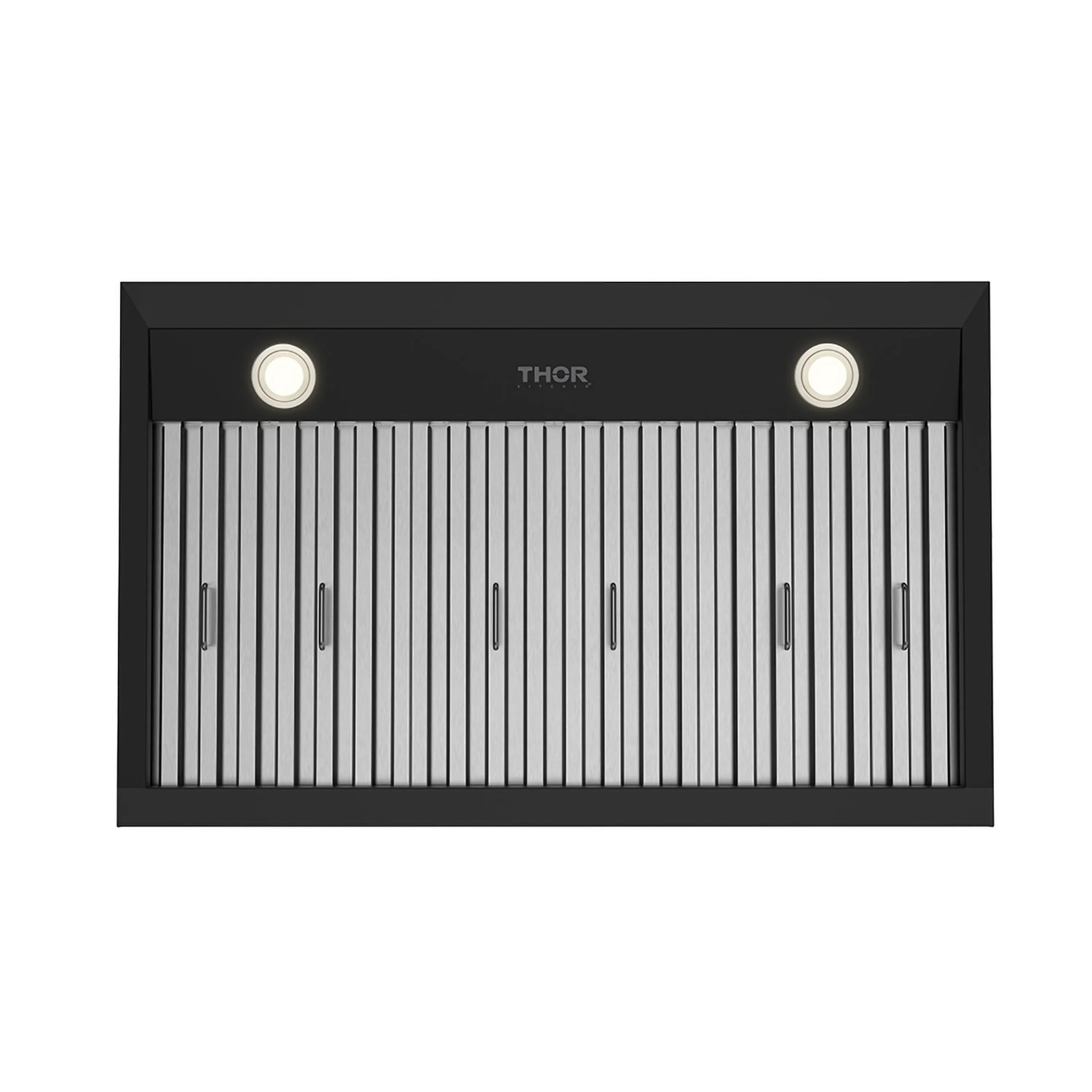 Black Thor under-cabinet hood front with grille, knobs, and indicator lights