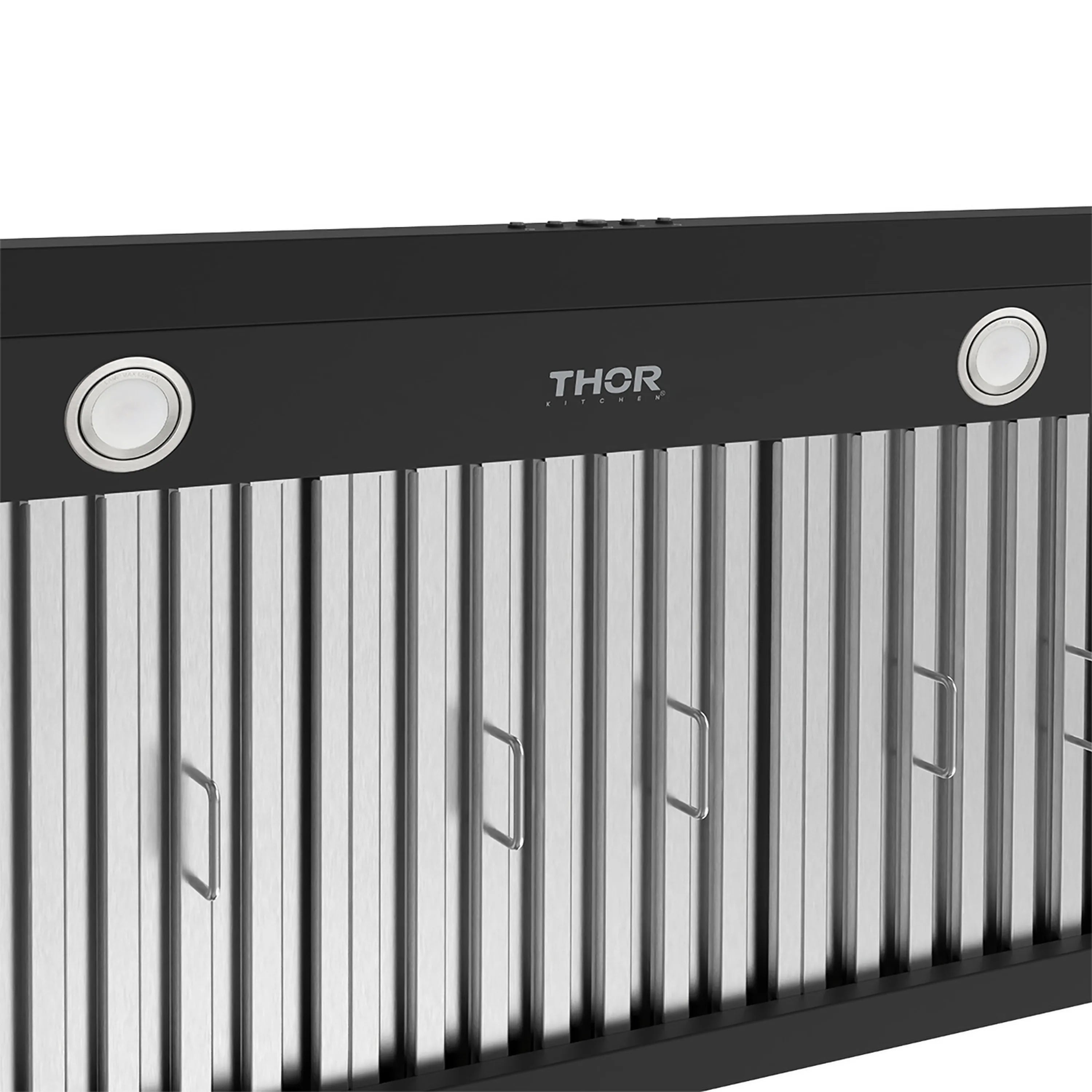 Black convertible range hood front with baffle filters and THOR logo