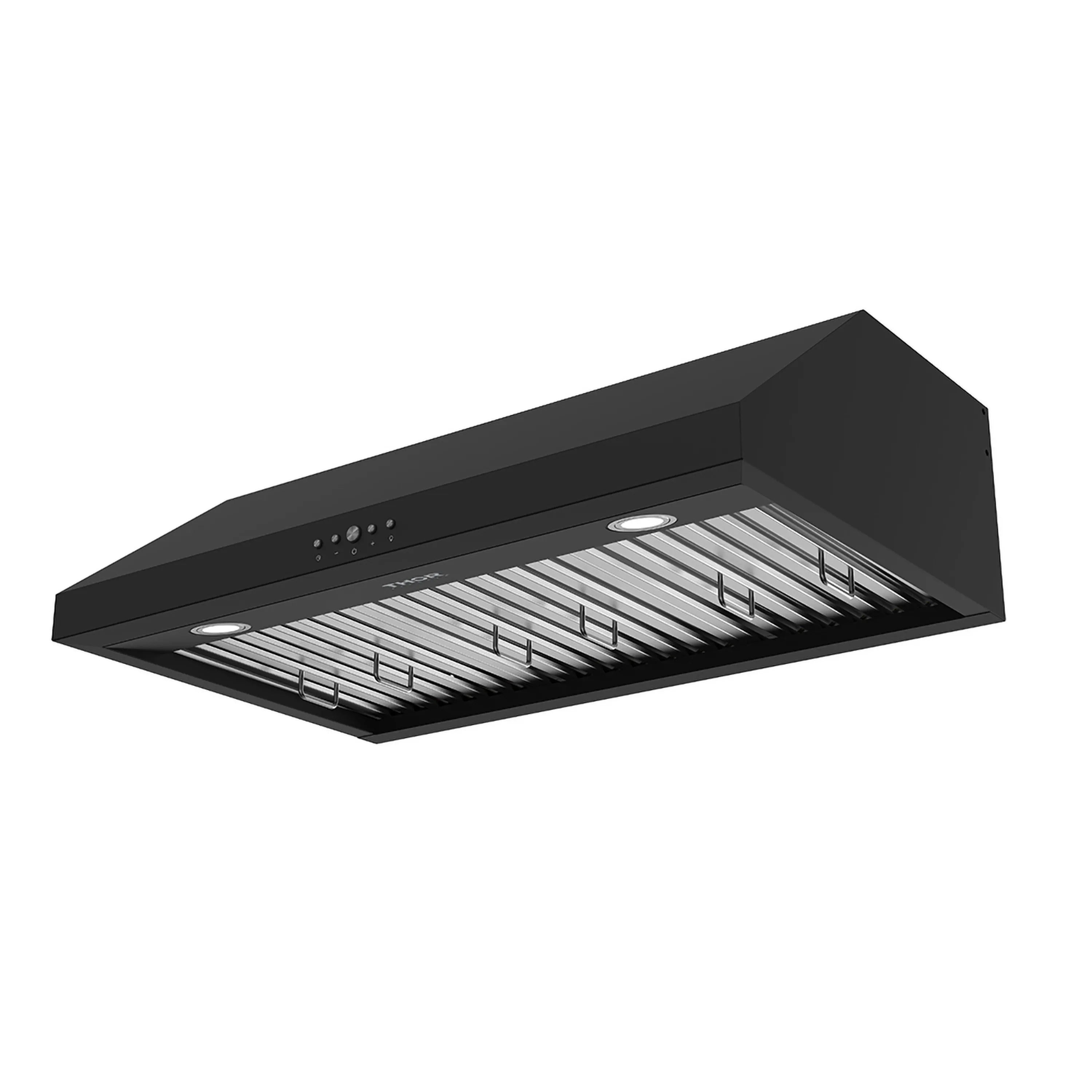 Black under-cabinet convertible range hood with baffle filters and two round lights