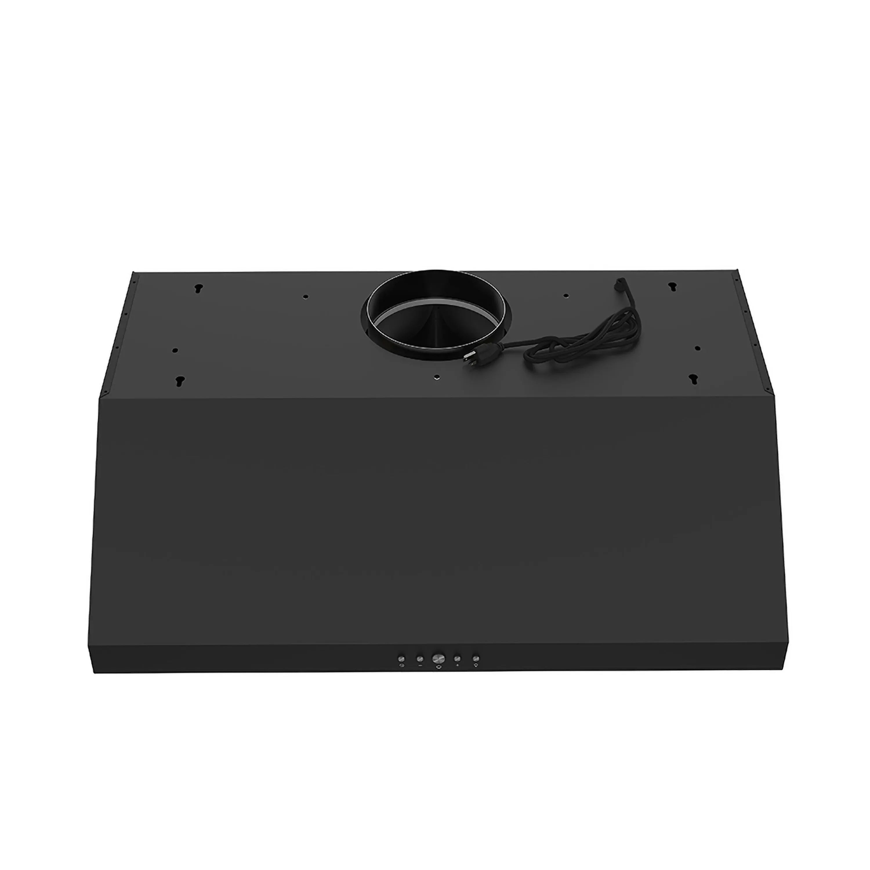 Black Thor range hood underside with metal duct collar opening and cord