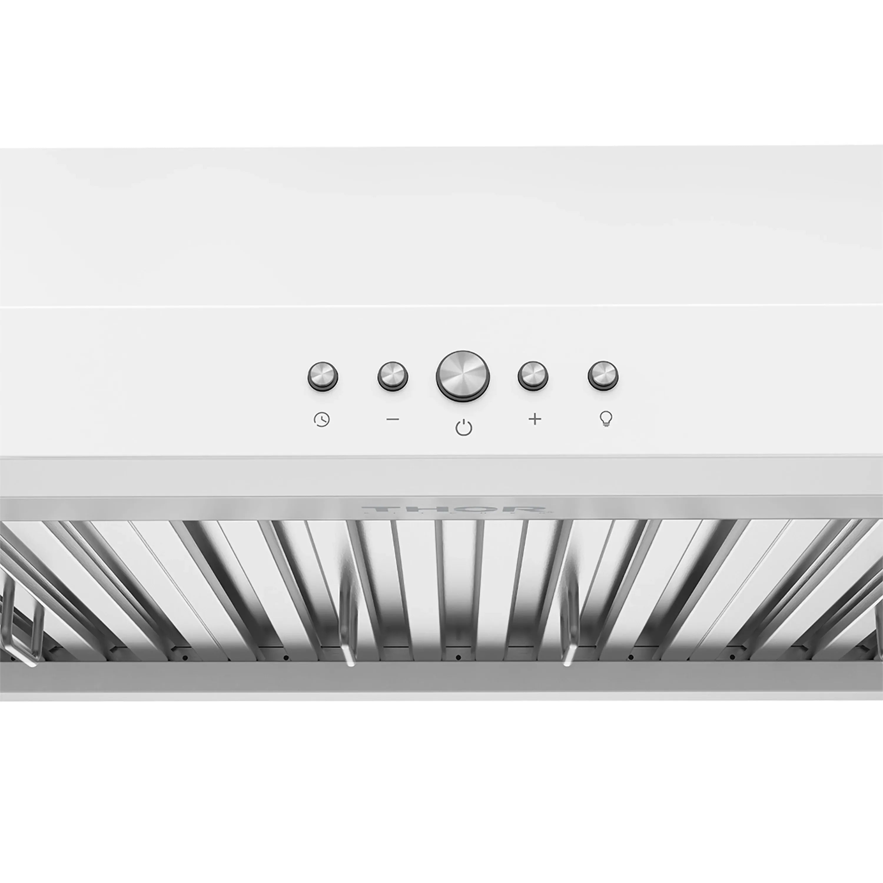 White hood control panel with round buttons and indicator icons above vent