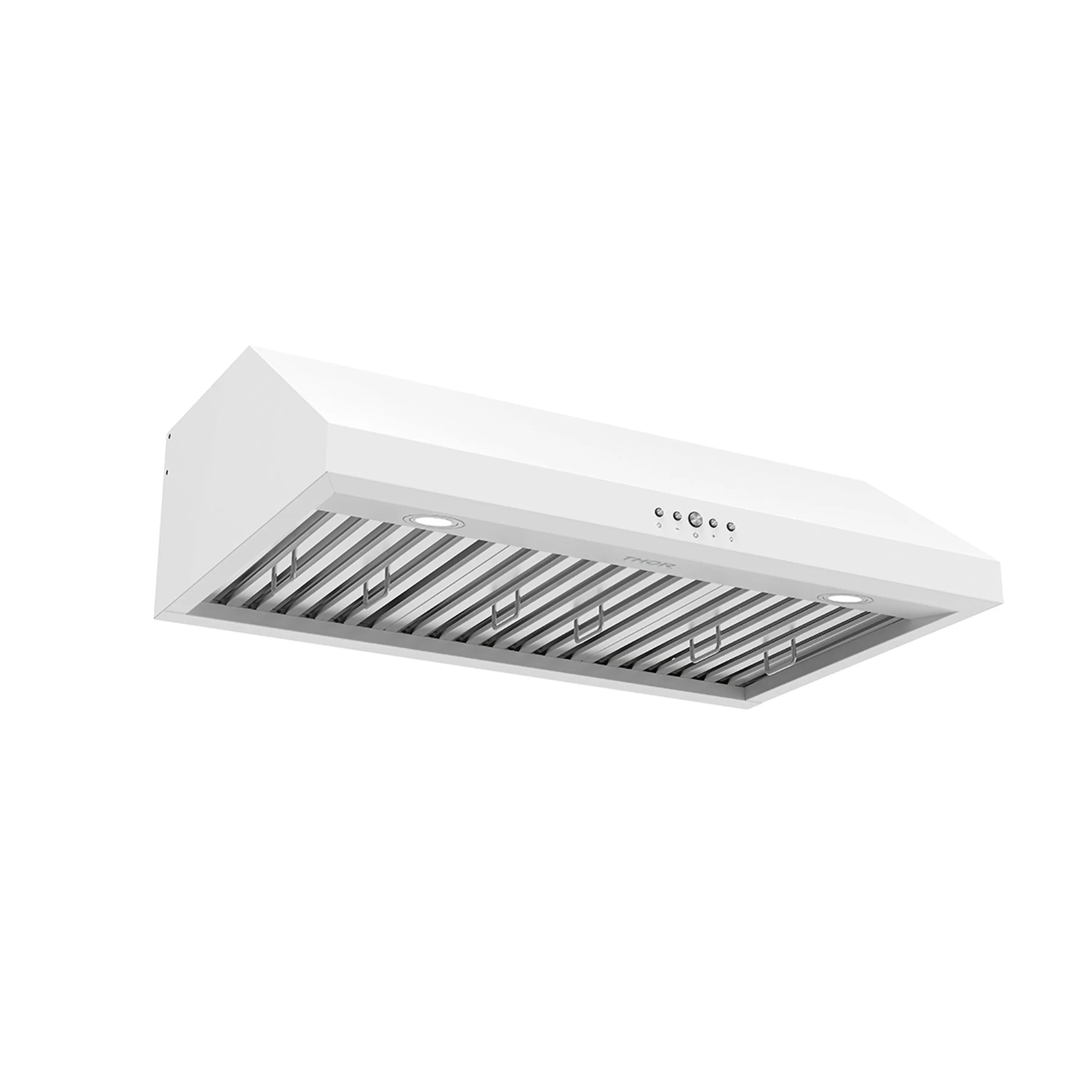 White under-cabinet range hood with stainless interior baffle and vent openings