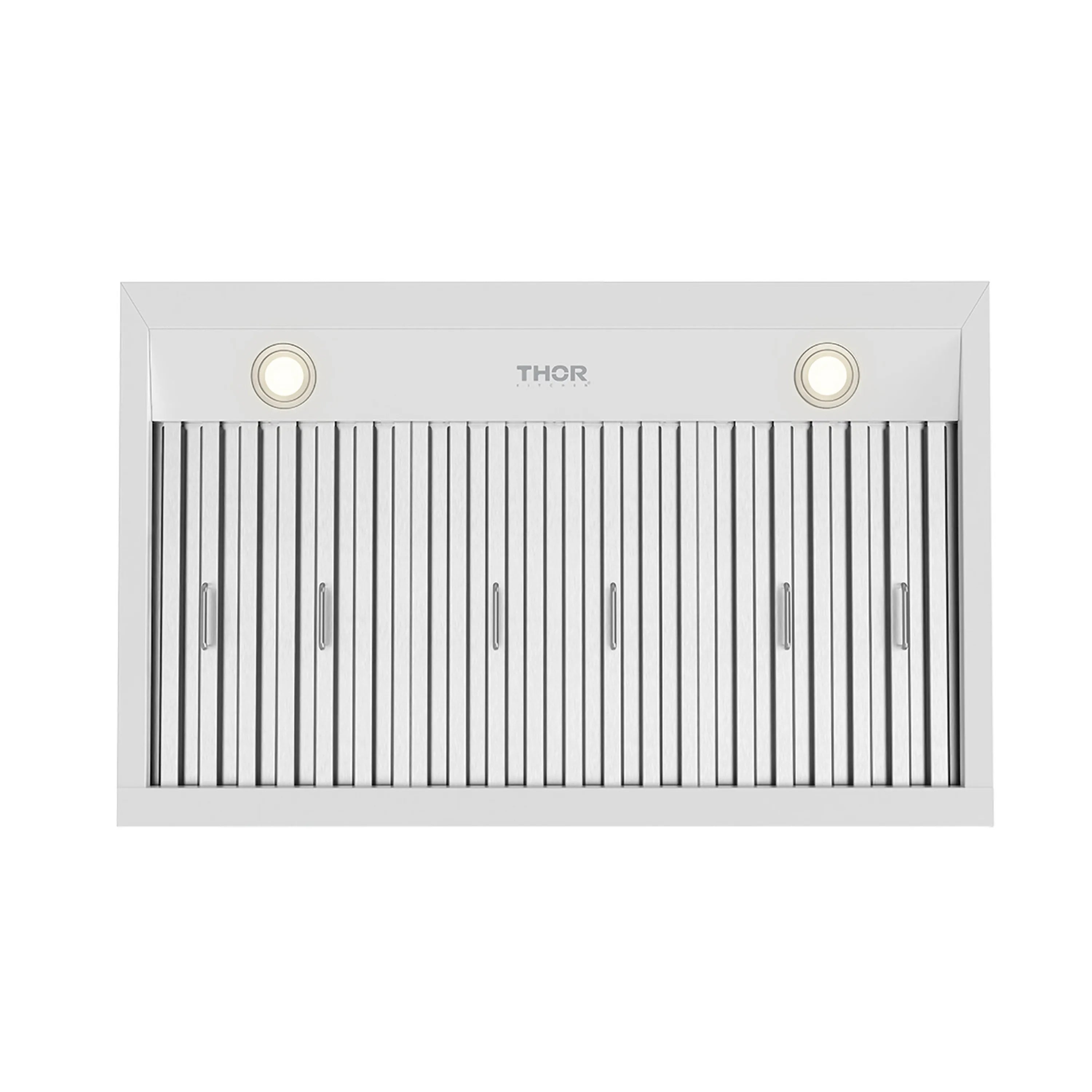 White range hood with THOR logo, dual round lights, and baffle filter bars