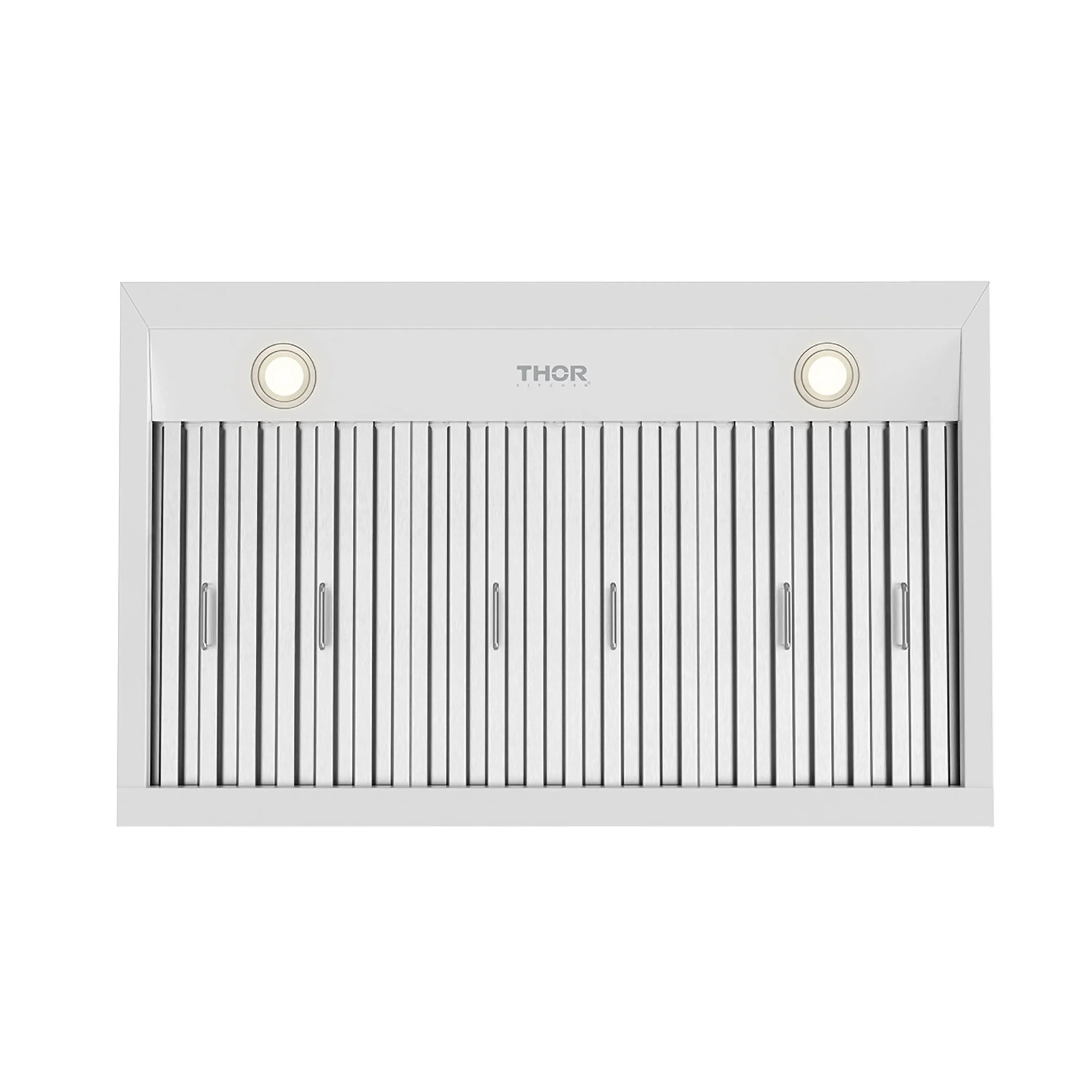 White THOR under-cabinet range hood with ribbed vent panels and round lights