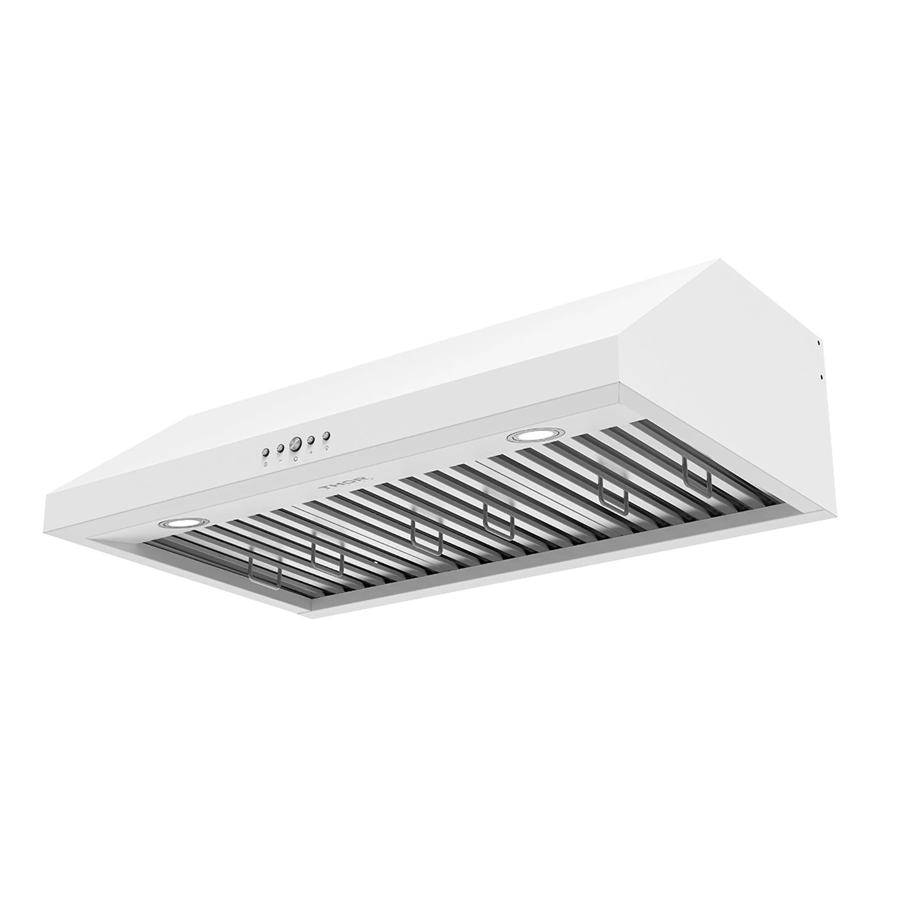 White under-cabinet range hood with recessed round lights over baffle filters