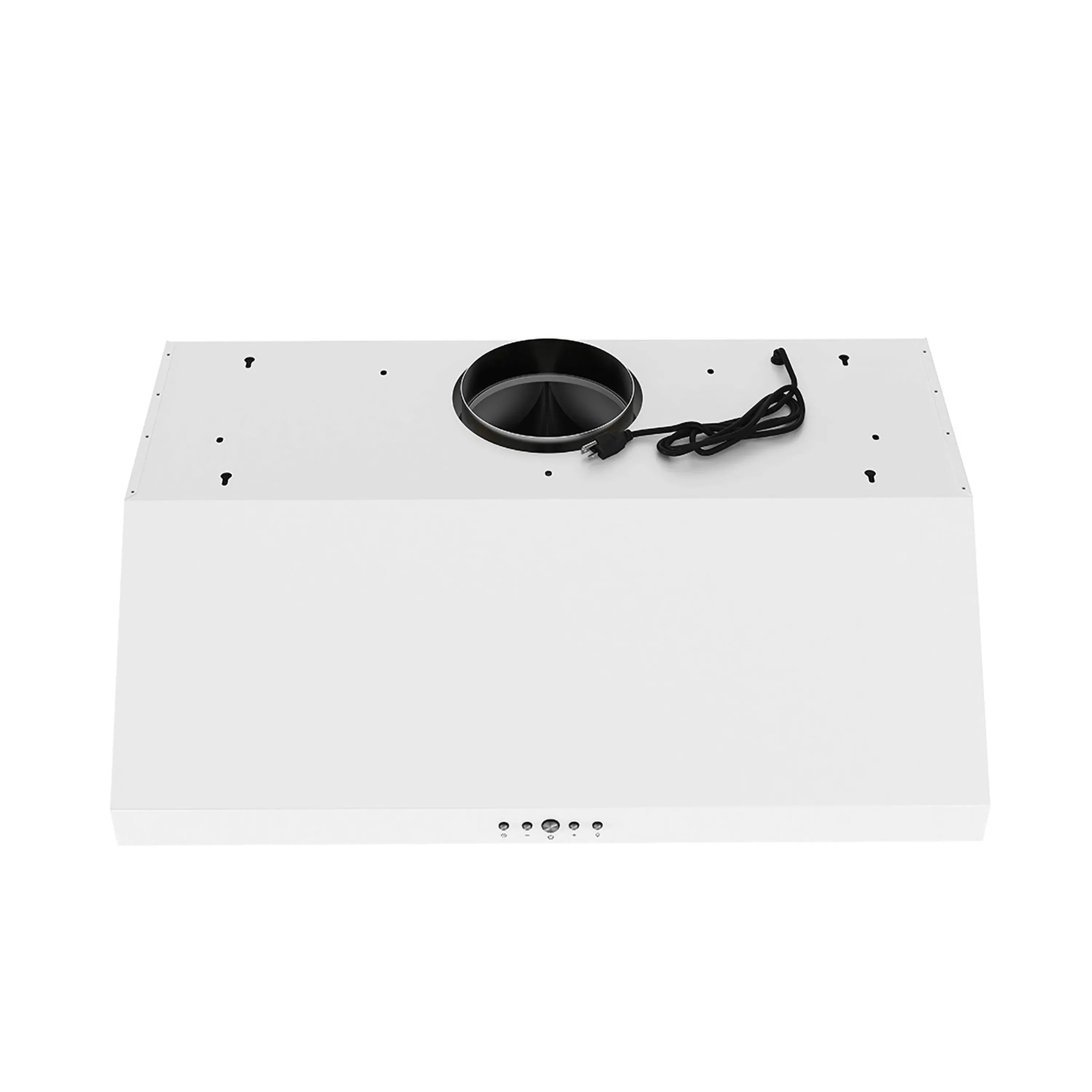 White range hood internal duct collar opening with attached black power cord