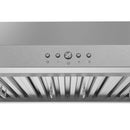 Under-mount range hood control panel with fan buttons and power switch