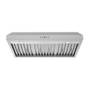 Stainless under-mount range hood with two round LED lights and vent slats