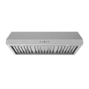 Under-mount range hood in stainless steel with slotted vent grille