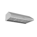 Stainless under-mount range hood angled view with vent grille and indicator buttons