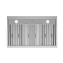 Under-mount range hood underside with lit LED bulbs and vertical baffle filters