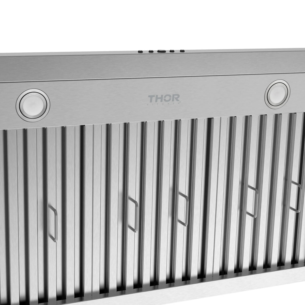 Stainless steel range hood front with THOR logo and vertical vent slats