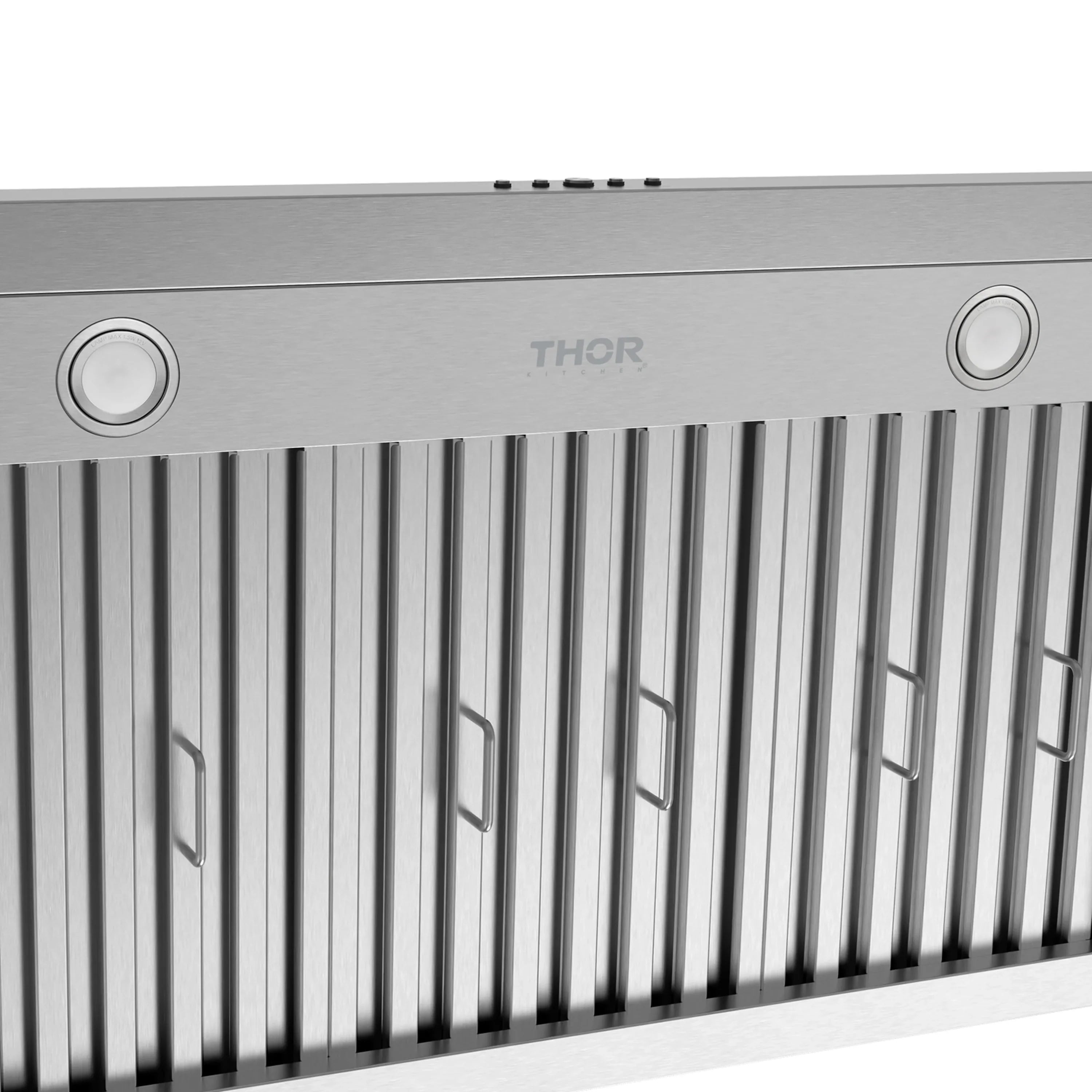 Under-mount range hood front fascia with THOR logo and two circular controls